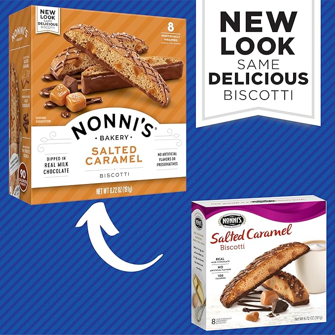 Nonni's Salted Caramel Biscotti Italian Cookies - 6 Boxes - Biscotti Individually Wrapped Cookies - Italian Biscotti Cookies w/Rich Milk Chocolate & Sea Salt - Kosher - 6.72 oz