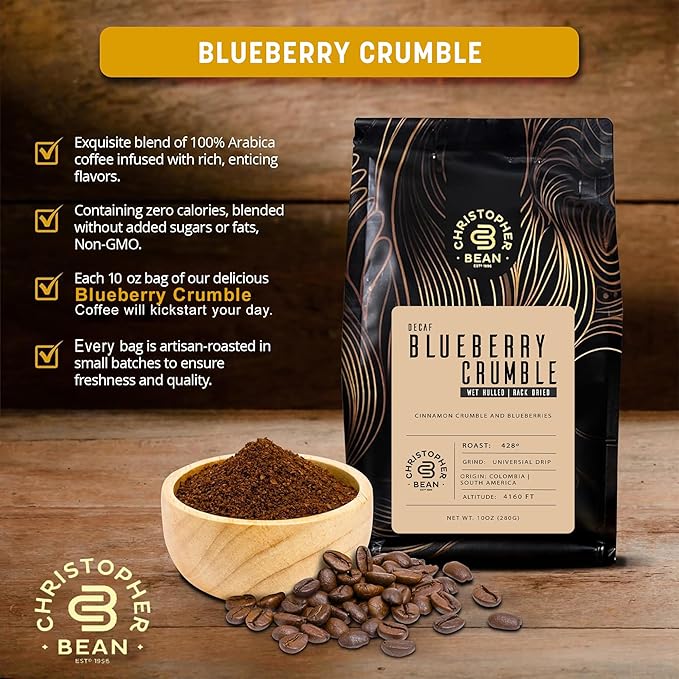 Christopher Bean Coffee - Certified Kosher - Decaf Ground Universal Drip Blueberry Crumble Flavored Coffee| Flavored Coffee with Medium Roast 100% Arabica, No Sugar, No Fats, Non-GMO | 10-Ounce