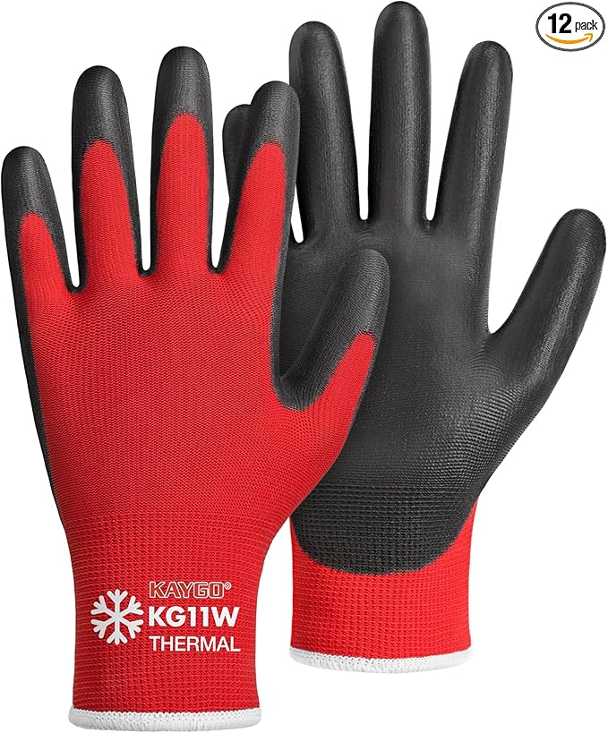 KAYGO Winter Work Gloves for Men and Women, 12 Pairs Thermal Insulated Safety Work Gloves PU Coated, Smooth Grip on Palm & Fingers,Ideal for Freezer Work,Red,XL