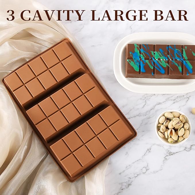 1 Inch Deep Chocolate Bar Mold, 3 Cavity Large Dubai Chocolate Molds, Thick Candy Bar Mould for Filling（3 Packs）