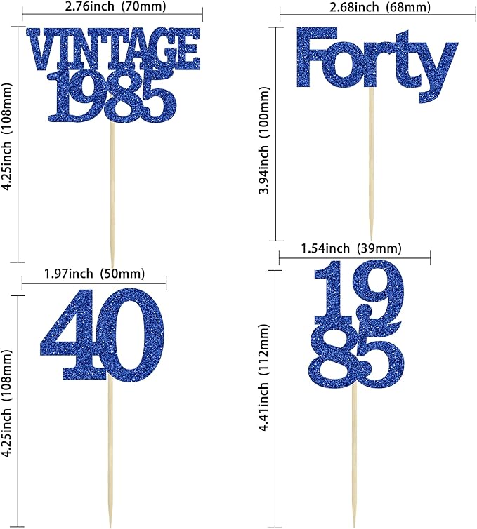 Gyufise 24Pcs Vintage 1985 Cupcake Toppers Glitter Cheers to 40 Fabulous Forty Cupcake Picks 40th Birthday Wedding Anniversary Party Cake Decorations Supplies Deep Blue