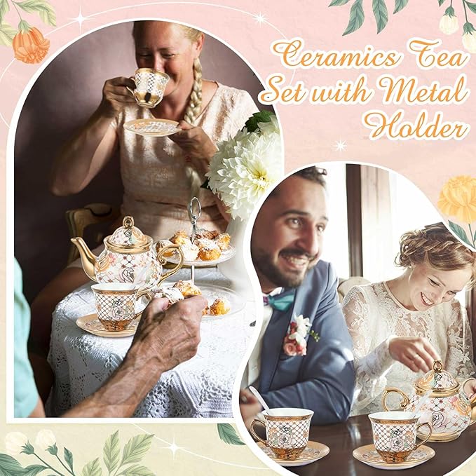 Zhehao 20 Pcs Porcelain Tea Set with Metal Holder and Spoon Adult Ceramic Tea Party Set European Flower Painting Teapot Cup Saucer Spoon Set for Women, Large Version(Delicate Style)