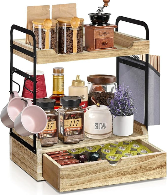 Coffee Station Organizer for Counter, Condiment Storage Caddy for Kitchen with Hooks and Bag,2 Tier Wooden Shelf for Coffee Bar Accessories,Coffee Bar Organizer for Kitchen, Home, Office-Brown