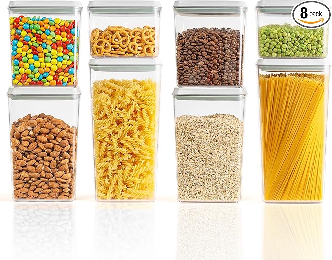 JIMALL Pop Containers for Food Storage, Stackable Food Containers with Lids Airtight, Leak-proof Containers for Cereal Flour & Sugar, 8 Piece Set-3.5Qt,2.9Qt,2.1Qt,1.3Qt