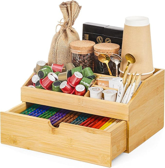 Coffee Bar Organizer Countertop with Drawer, Cafe Station Storage for Bar Accessories,Bamboo Espresso Bar Decor Holder for Bar Decor,Bamboo