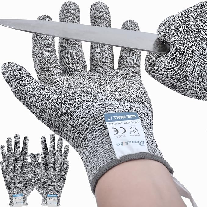 Dowellife 3 Pairs Cut Resistant Gloves Food Grade Level 5 Protection, Safety Kitchen Cuts Gloves for Mandolin Slicing, Fish Fillet, Oyster Shucking, Meat Cutting and Wood Carving (Black Gray, Small)