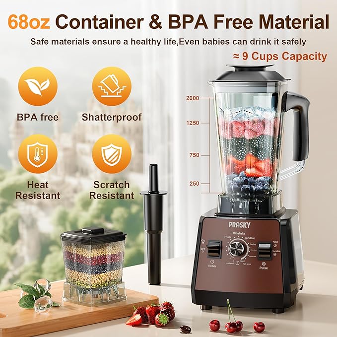Blenders for Kitchen, Commercial Blender,2400W PRASY Food Processor with 101oz Juice & Grinder Jar, BPA-Free, 25000 RPM Blenders for Smoothies, Ice Crushing, Frozen Fruit (Brown, 2L)