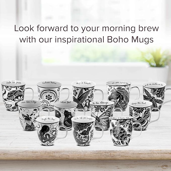 Karma Gifts 16 oz Black and White Boho Mug Rainbow - Cute Coffee and Tea Mug - Ceramic Coffee Mugs for Women and Men, 4.25" x 3.7"
