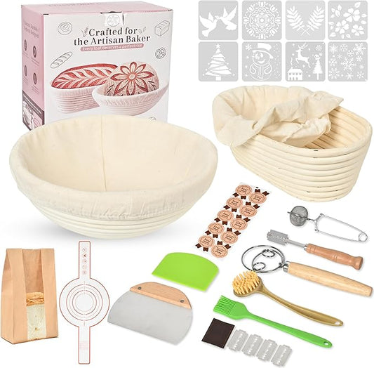 Sourdough Starter Kit, 9" Round & 10" Oval Banneton Bread Proofing Basket Set, Sourdough Bread Baking Supplies, Bread Making Tools Gift Set for Beginner Professional Bakers