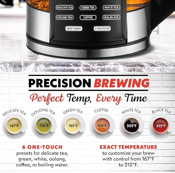 Gourmia Electric Programmable Glass Kettle – 1.7L Temperature Control Tea & Coffee Kettle with Digital Touch Display, 6 Presets, Keep Warm, Removable Stainless Steel Infuser, 360° Swivel Base – Peach