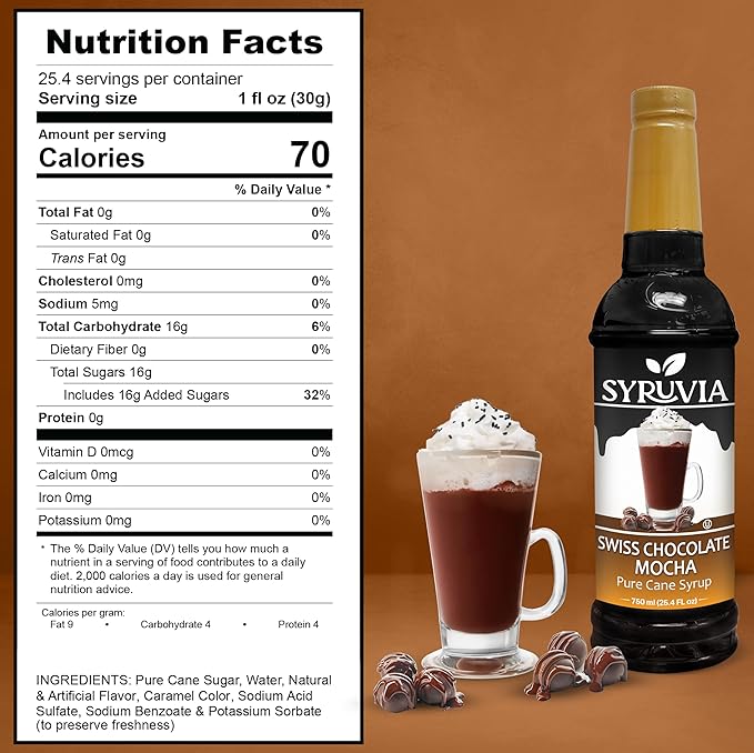 Syruvia Coffee Syrup, Swiss Chocolate Mocha Flavored Syrup for Drinks, Lattes, and Desserts – 25.4 fl oz,