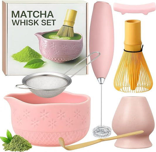 Matcha Whisk Set with Matcha Bowl - Matcha Set Included Electric Frother, Bamboo Whisk, Matcha Spoon, Bamboo Holder, Sifter, Spoon Stand (Blossom Pink)
