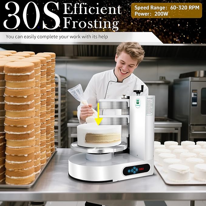Cake Decorating Machine 4-12 Inch Cake Icing Frosting Smoother Decorating Low Noise 60-320 RPM 304 Stainless Steel Scraping for Stable Fast 110V Automatic for Butter Cream, 43LB
