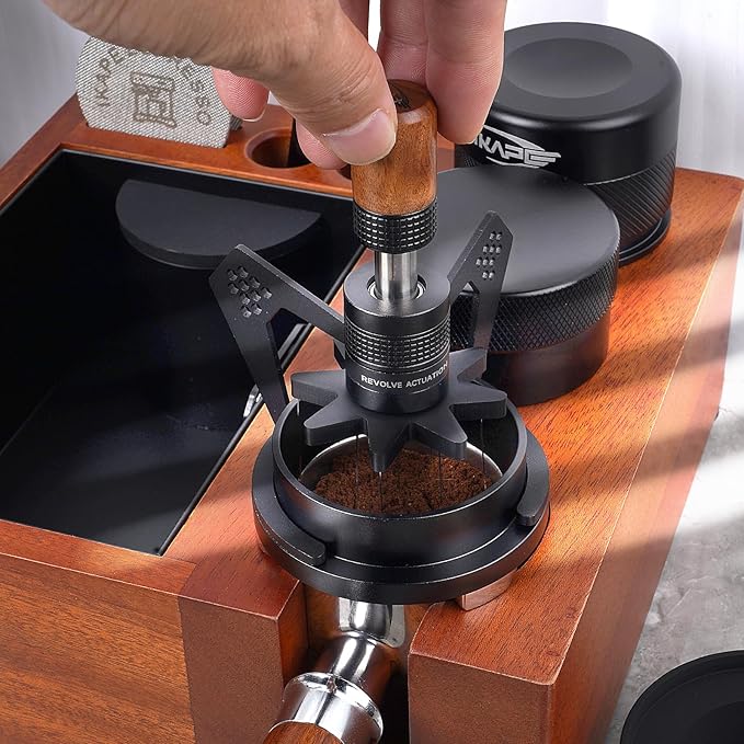 IKAPE Mantis WDT Distribution Tool with Clean Brush, 58.5mm Espresso Stirrer Distribution Tool for Barista, 8 Needle Espresso Stirrer with Dosing Funnel &Stand, Adjustable Needle Height, Walnut Handle