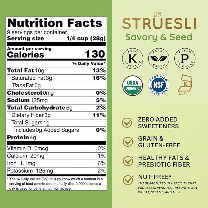 Struesli Savory + Seed Organic Granola, Nut, Grain & Gluten Free, Healthy Snacks with Pumpkin, Sunflower & Chia Seeds, Hemp Hearts, Flax, Tiger Nuts & Sea Salt, Plant Based, Keto & Paleo, 9 Oz