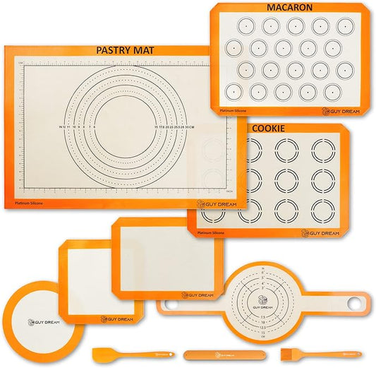 GUY DREAM All-in-One Silicone Baking Mat Set - Kneading Mat, Cookie & Macaron Half Sheet Mat, 1/4 Sheet Mat, Square & Round Cake Mats, Artisan Bread Mat - Ideal Gift for Baking