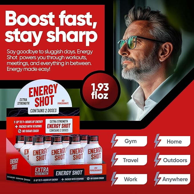 B12 Açaí Pomegranate Extra Strength Energy Shot 48 pk – 260mg Natural Caffeine B12 B6 – Energy & Vitality Support – 2 Servings Sugar Free Zero Calorie Green Tea B-Vitamins Electrolytes Vegan – 1.93 fl oz