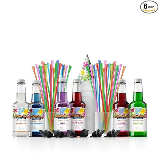 Hawaiian Shaved Ice Syrup Assortment with 6 - 16oz Bottles, 50 Snow Cone Cups, Spoon Straws, and Pouring Spouts. Flavors: Tiger’s Blood, Pina Colada, Blue Raspberry, Grape, Cherry, Lemon-Lime