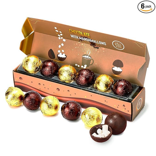 Hot Chocolate Boms Marshmallow Balls - Set of 6 - Delicious Cocoa Melts Bom Filled Marshmallows - 2 Flavors Caramel & Fudge Brownie Candy - Classic Milk Chocolates Cocoa Melt Gift - Delicious Gifts