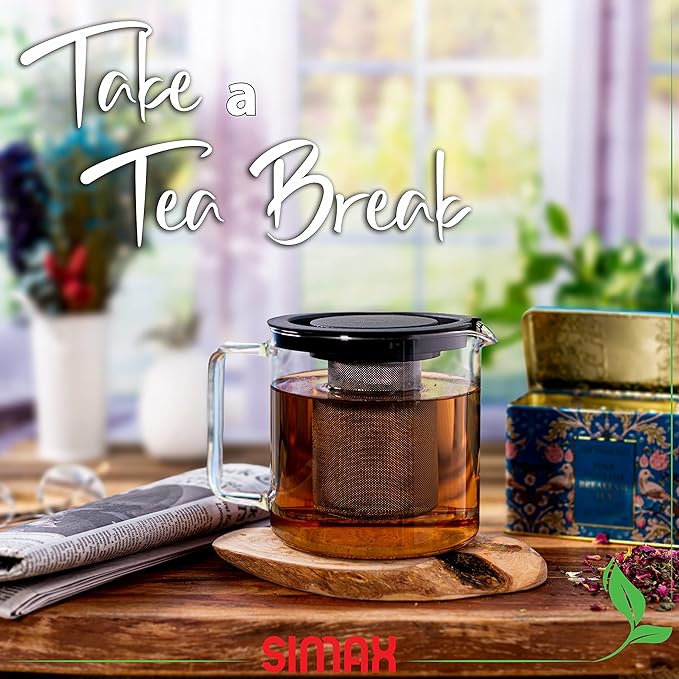 Simax Glassware 1 Quart Teapot with Metal Mesh Infuser | Plastic Lid, Microwave and Stovetop Safe, Heat, Cold, and Thermal Shock Resistant Borosilicate Glass, Makes a Stunning Presentation