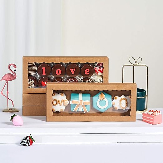 24PCS 12 x 5 x 1.5 inches Auto-Popup One Piece Premium Cookies Boxes, Kraft Brown Macaron Boxes Packaing, Bakery Box for Holiday Cookie Gift Sets