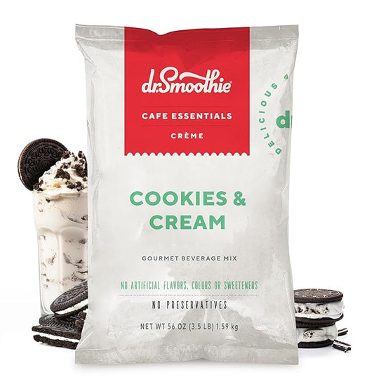 Dr. Smoothie Café Essentials Cookies & Cream – No Artificial Colors, Flavors, or Sweeteners – Shelf Stable – Caffeine-Free – Great for Hot, Iced, & Frozen Frappes (3.5 lb Bag, 23 Servings)