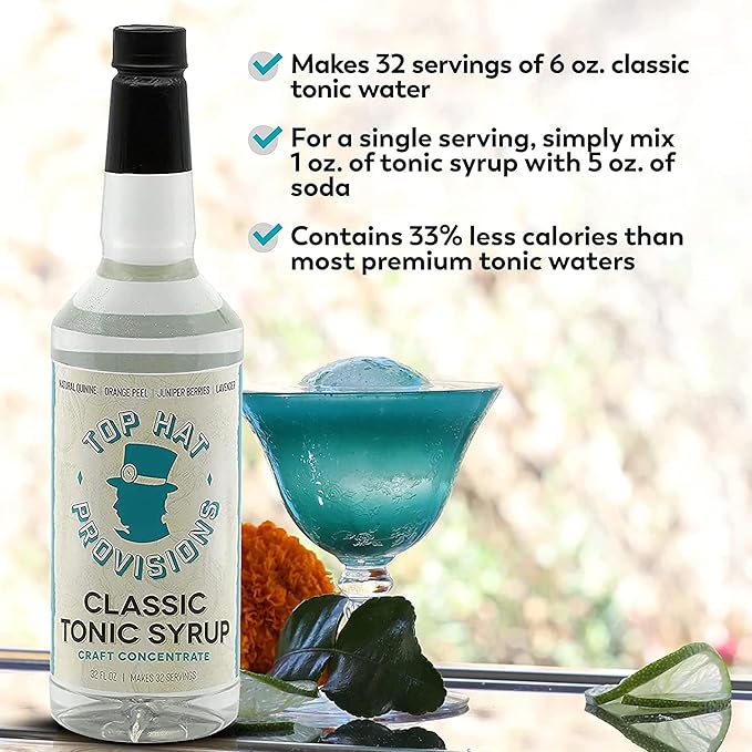 Top Hat Classic Tonic Syrup – 5x Quinine Tonic Water Concentrate – Make Tonic Water at Home – Just add Seltzer Water - 32oz bottle