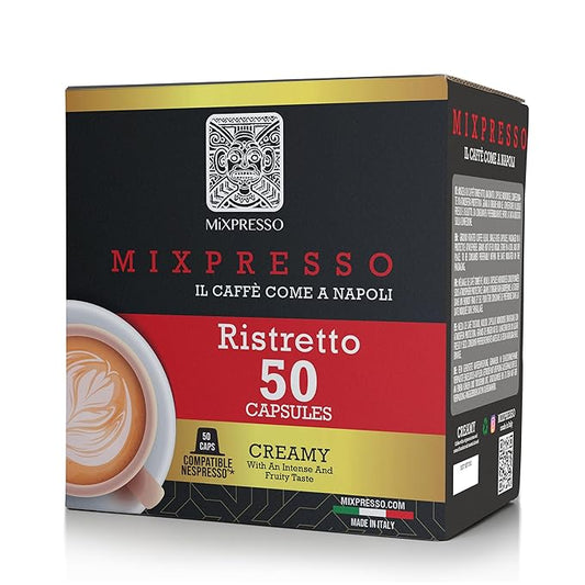 Mixpresso Coffee Ristretto Espresso Capsules Compatible With Nespresso Original Brewers, Single Cup Coffee Pods 100% from Italy Dark Roast 80% Arabica Espresso, 50 Count Coffee Capsule Intensity 12/12