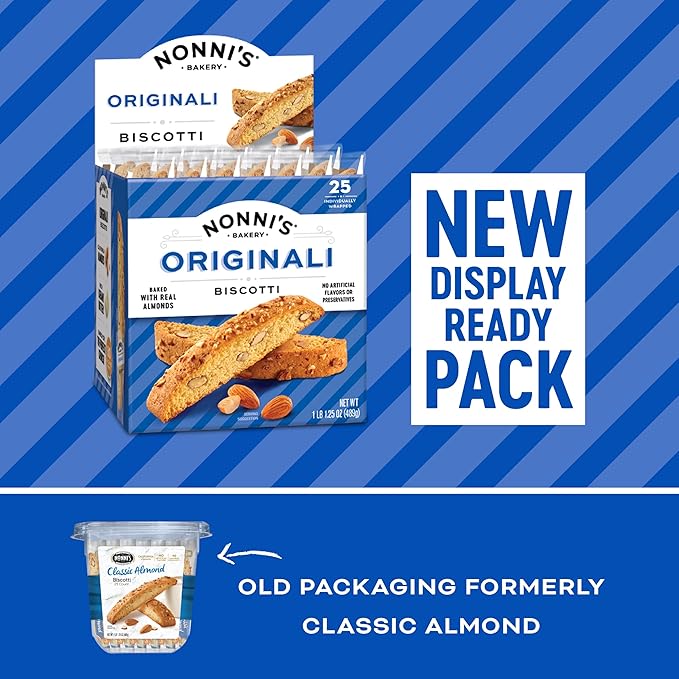 Nonni's Originali Classic Almond Biscotti Cookies – Individually Wrapped Italian Coffee Snack, Crunchy Twice-Baked, 80 Cal Each, 17.25 oz Carton
