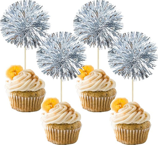Gyufise 30Pcs Foil Firework Cupcake Toppers Sparkle Tinsel Cake Toppers Tinsel Drink Cake Decoration Cocktail Picks for Birthday Wedding Graduation Party Supplies Dark Silver