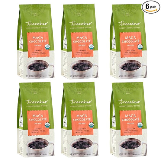 Teeccino Maca Chocolaté Chicory Coffee Alternative - Ground Herbal Coffee That’s Prebiotic, Caffeine Free & Acid Free, Dark Roast, 11 Ounce (Pack of 6)