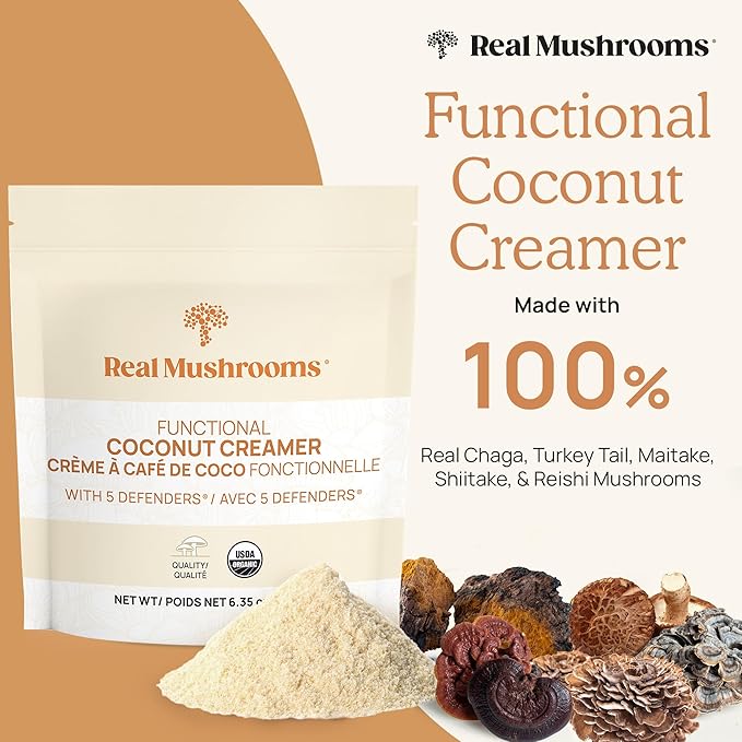 Real Mushrooms Functional Coconut Creamer with Reishi, Lucuma & Ceylon Cinnamon – Organic, Dairy-Free – Vegan Coffee Creamer for Smoothies & Drinks – 90 Servings Organic Cream Coconut Powder