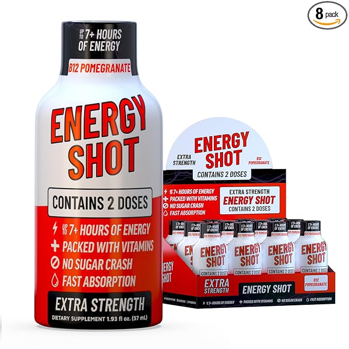 B12 Açaí Pomegranate Extra Strength Energy Shot 8 pk – 260mg Natural Caffeine B12 B6 – Energy & Vitality Support – 2 Servings Sugar Free Zero Calorie Green Tea B-Vitamins Electrolytes Vegan – 1.93 fl oz