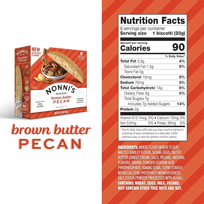 Nonni's Brown Butter Pecan Biscotti, Nutty Pecan Cookie with Rich Browned Butter Flavor, 8 Individually Wrapped Bakery Snacks, 5.52 oz