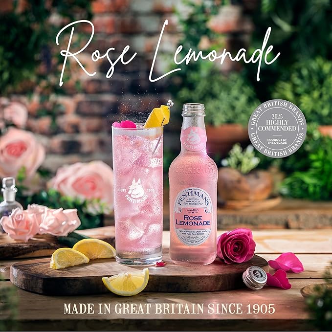 Fentimans Sparkling Rose Lemonade - Sparkling Pink Lemonade with Natural Ingredients, Mixer, Craft Soda, Botanically Brewed Lemonade - 9.3 Fl Oz (Pack of 12)