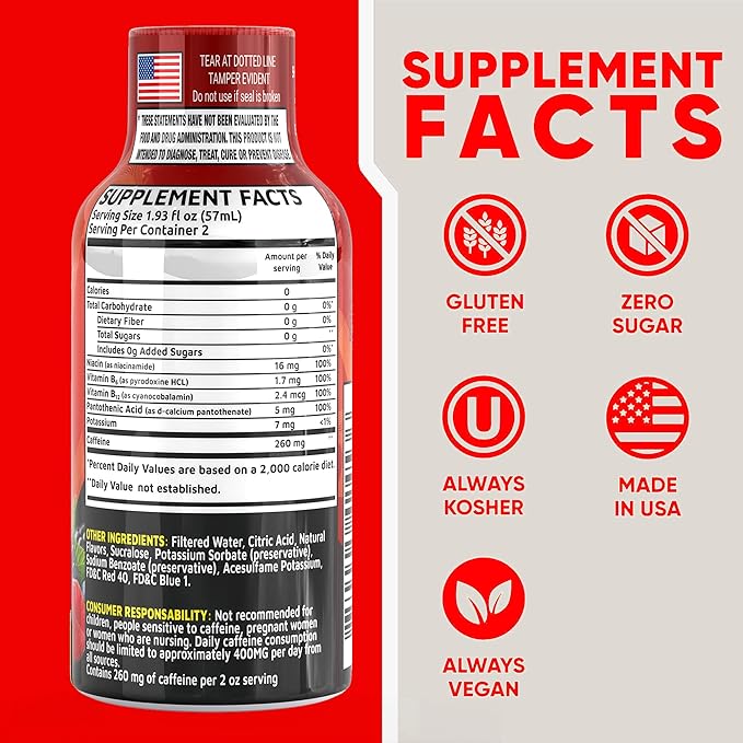 Fruit Punch Extra Strength Energy Shot 12 pk – 260mg Natural Caffeine B12 B6 – Energy & Focus Support – 2 Servings Sugar Free Zero Calorie Green Tea B-Vitamins Electrolytes Vegan – 1.93 fl oz