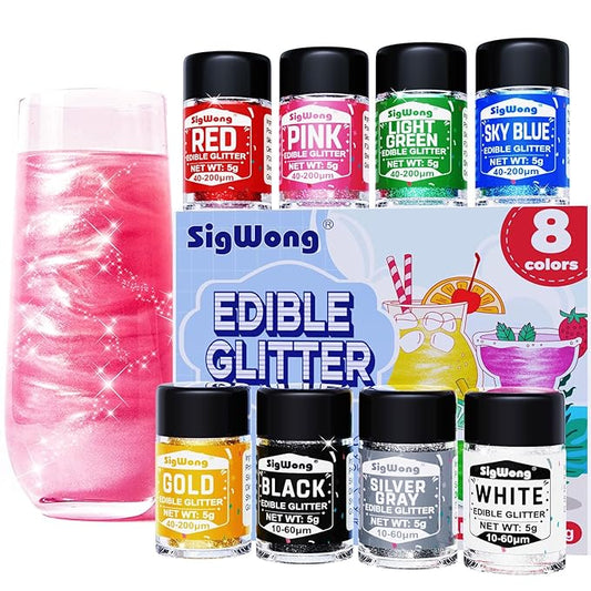 Edible Glitter - 8 Colors Luster Dust Edible Set for Drinks, Food Grade Edible Glitter Dust for Cake Decorating, Cocktail, Fondant, Strawberries, Candy, Cookie, Chocolate. Vegan and Gluten Free - 5g/bottle