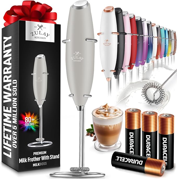 Zulay Kitchen Powerful Milk Frother Wand With 4 AA Duracell Batteries - Ultra Fast Handheld Drink Mixer - Electric Whisk Foam Maker for Coffee, Lattes, Cappuccino, Matcha & Creamer -