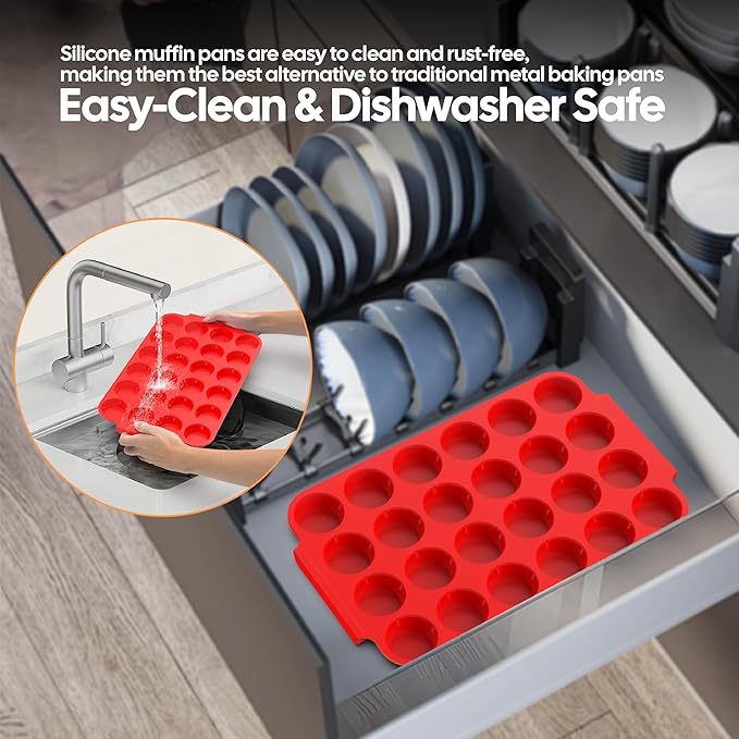Silicone Muffin Pan for Baking - Nonstick Cupcake Pan,Mini 24 Cups Easy Release & Clean, Dishwasher Safe Muffin Tray for Homemade Muffins, Cupcakes.