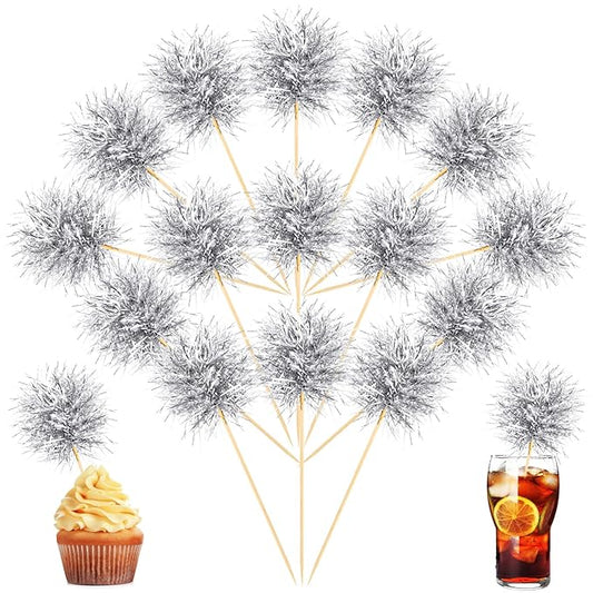 Chinco 100 Pcs Foil Firework Cupcake Toppers Sparkle Tinsel Cake Toppers Cake Decoration Cocktail Fruit Toothpick for Birthday Wedding Graduation Party(Silver)