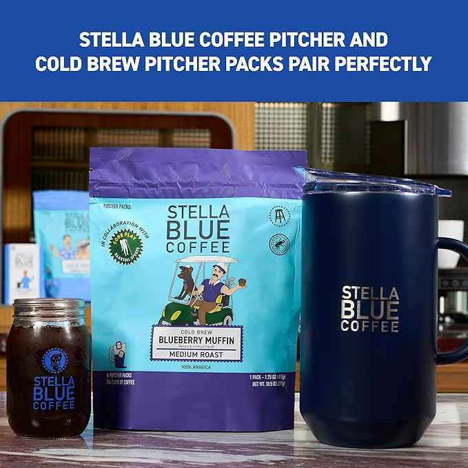 STELLA BLUE Fresh Cold Brew Coffee | Cinnamon Sugar Donut | 100% Arabica Medium Roast | Warm Cinnamon and Sweet Pastry Flavor | Cold Brew Coffee Packets | Makes 24 Pods | 6 Easy-Brew Pouches