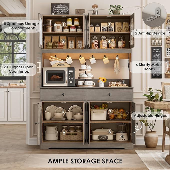 HIFIT 71" LED Kitchen Pantry Cabinet with Power Outlet, Large Kitchen Hutch Storage Cabinet with Arched Door, Shelves, 2 Drawer, Tall Farmhouse Coffee Bar w/Hutch for Home Dining Living Room, Ash Grey