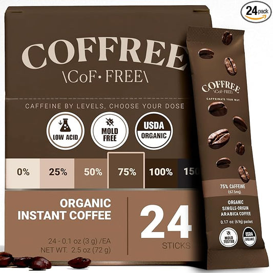 COFFREE Organic Instant Coffee Packets - 75% Half Caff Low Acid, Mold Free Coffee Made with Arabica Coffee Beans - Rich & Smooth Taste - Hot or Cold Single Serve Travel Packets 24 Pack Box