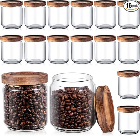 Irenare 16 Pcs 17 oz/ 500 ml Glass Canister Food Airtight Sealed Clear Borosilicate Glass Storage Jars with Lids Kitchen Spice Containers for Serving Coffee Sugar Tea Beans Candy Nuts Pantry (Wood)