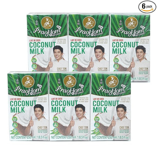 Praohom Coconut Milk 8.5 Fl Oz - Plant Based, Dairy Free Milk Alternative - Pure and Rich Thai Coconut Milk - No Added Sugar - Ideal for Cooking and Baking (250ml (pack of 6))