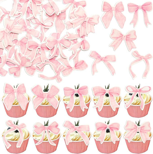 Gyufise 50Pcs Edible Pink Bowknot Cupcake Toppers Wafer Paper Bowknot Cake Dessert Picks Drink Topper Baby Shower Princess Cupcake Toppers for Birthday Party Decoration Supplies