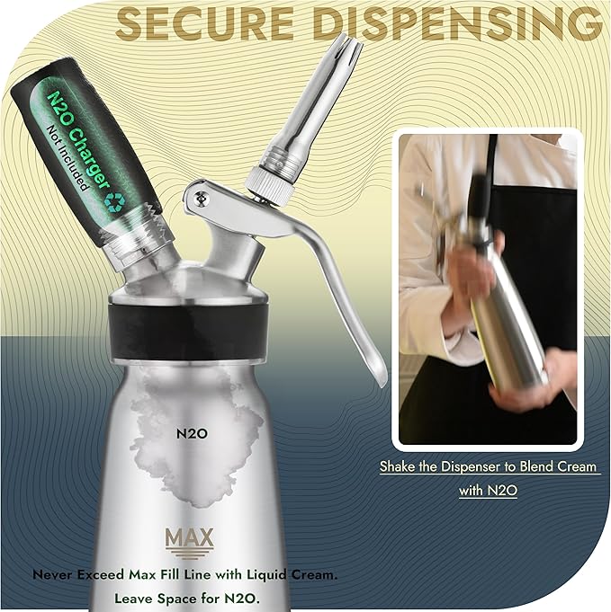 CURTA Stainless Steel Professional Whipped Cream Dispenser, Leak-Free Cream Whipper, Cream Maker with 3 Decorating Tips & Cleaning Brush, 500ml / 1 Pint Canister, N2O Charger (Not Included)