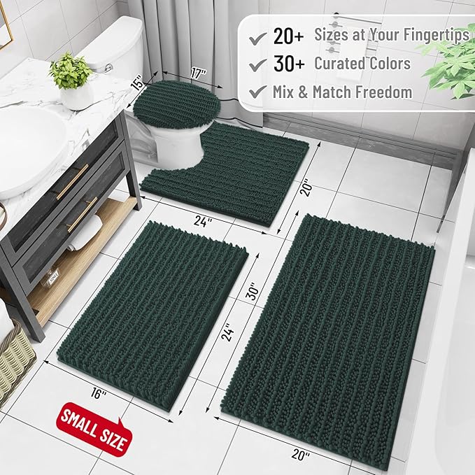 Arotive Luxury Chenille Bathroom Rug Mat, Extra Soft Thick Absorbent Shaggy Bath Rugs, Non-Slip Machine Wash Dry, Plush Bath Mats for Bathroom, Shower and Tub, 34x21, Dark Green