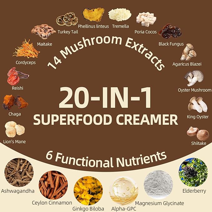 Mushroom Coffee Creamer, 50 Servings, 20-in-1 Superfood Coconut Creamer Powder with 14 Mushroom Supplements, Ashwagandha, Alpha-GPC, Magnesium Glycinate | Energy & Focus & Digestion | Non-Dairy, Keto