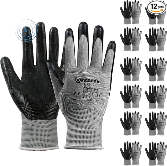 ANDANDA Smart Touch Work Gloves - 12 Pairs, 3D Comfort Stretch Fit, Nitrile Coated with Grip, Seamless Knit Nylon, Suitable for Warehousing, Logistics, Handling, Black (XL)